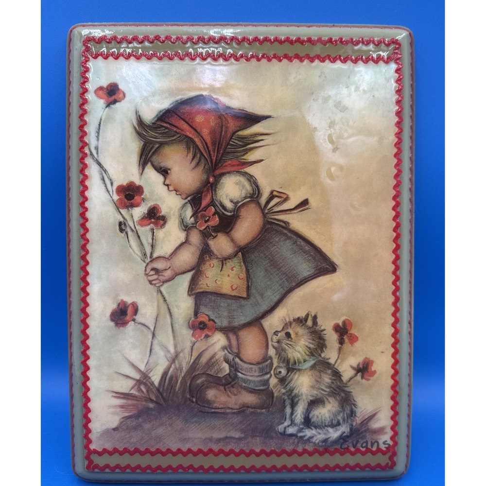 VTG Hummel Evans Girl & Kitten Wood Wall Plaque Decoupage Folk Art Cottage